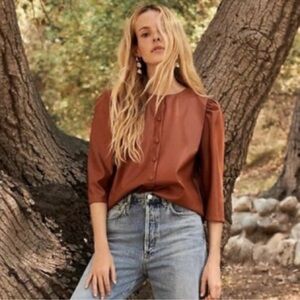 Anthropologie Top Women Small Josefine Faux Leather Brown Blouse Shirt Boxy J